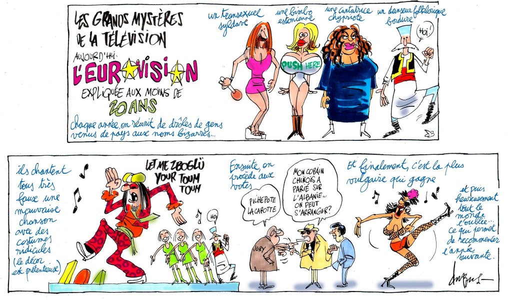 Bon, cette année le transexuel est autrichien et pas syldave, mais le dessin, qui date un peu, tient toujours la route. Voici donc... L'EUROVISION POUR LES NULS (tadaaaam)